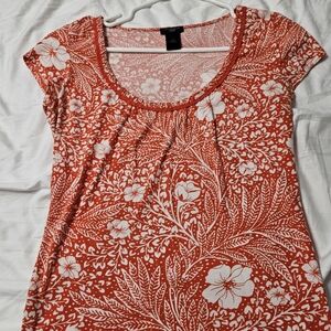 Ann Taylor Orange & White Floral Scoop Neck Tee